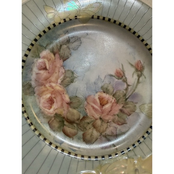 Vtg Linea Custom Painted Plates Porcelain Floral Butterflies Set Of Two 7.75" - Picture 5 of 11